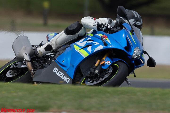 Trainspotter types will notice the gold cylinders behind the fork tubes as confirmation of the GSX-R1000R. The standard Gixxer Thou uses a Showa Big Piston fork instead of the Balance Free fork seen here.