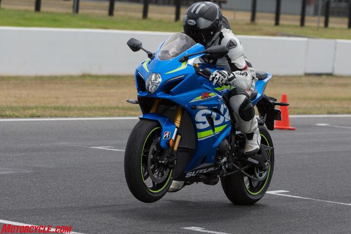 The GSX-R1000R includes a launch-control function, which we got to test at the track. It’s basically a rev limiter that holds the engine at 10,000 rpm, allowing a rider to concentrate only on how quickly the clutch is released, but It also works with Motion Track TCS to control throttle-valve opening and ignition timing while monitoring front and rear wheel speeds. It disengages when a rider upshifts into third gear or closes the throttle.