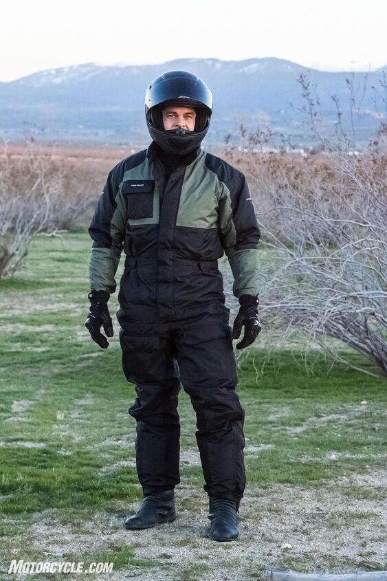 The Thermosuit has two exterior cargo pockets on each thigh, and one on the right side of the chest. Inside there’s a single large chest pocket. The waist is adjustable via velcro straps, and there’s heat protectors on the lower portion of each leg closest to the exhaust and hot engine parts. While not as easily ingressed/egressed as an Aerostich, I had no problems getting into and out of the Thermosuit within seconds even while wearing riding boots.
