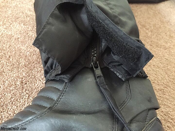 Wind is not getting up the bottom of your pant legs because the Thermosuit fastens tightly enough around boots to stop any wind incursion. The same can be said of the cuffs and the collar. All zippers (there’s only three) are covered by storm flaps to keep the rain out.