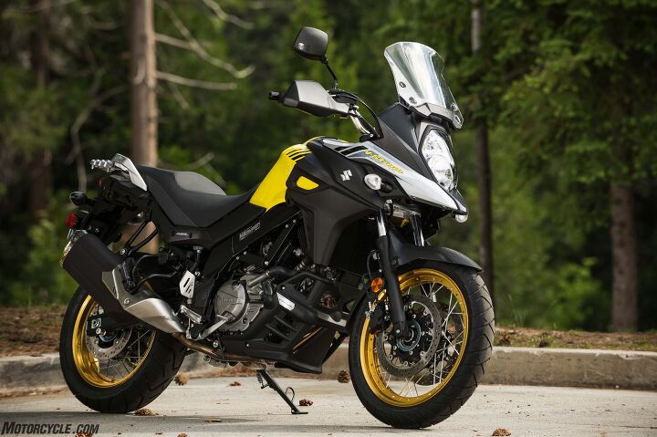 Actually there are two V-Strom 650s: this is the XT, which comes with tubeless wire-spoke wheels, handguards and a black plastic lower engine cowl, for $9,299…
