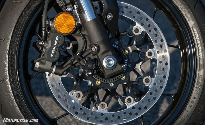 Tokico calipers don’t jump out as wheel jewelry like our beloved Brembo M50s, but the radial-mount two-piece clampers and 320mm discs performed better than we expected. Great stopping power as well as feedback at the lever.