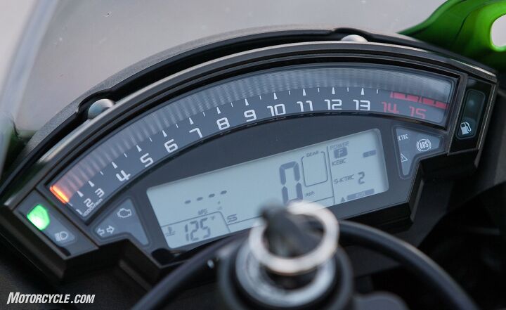 The Ninja’s gauges are dated when compared to the full-color TFT displays of some of its competitors, but the rainbow tachometer sweeping across the top of the cluster is one of the most easily visible tachs here. “I love its big bar graph tach; it’s the only one I ever have time to look at,” says Burns.