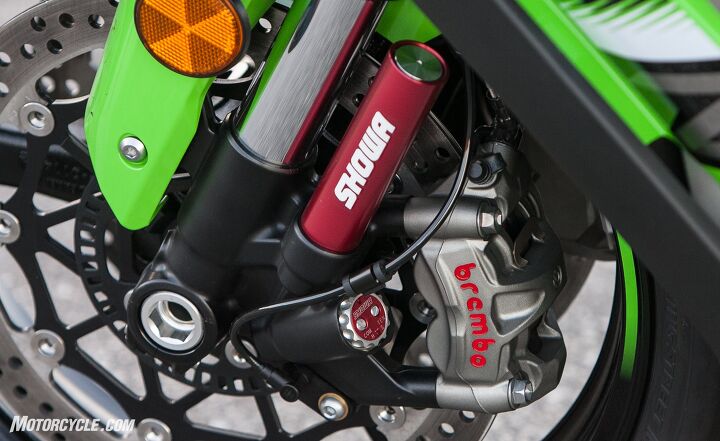 Brembo M50 calipers, fully adjustable Showa Balance Free fork, and 90-degree valve stems speak volumes of Kawasaki’s attention to quality and details.