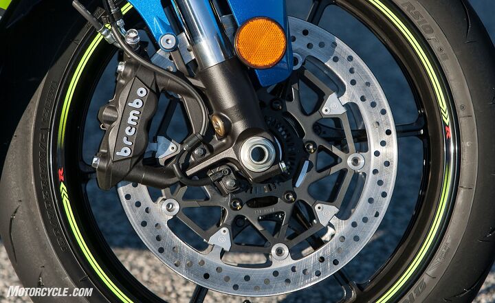 They’re not our beloved M50 calipers, but they are Brembo monoblocks, and none of the testers complained about the stopping performance of the Suzuki.