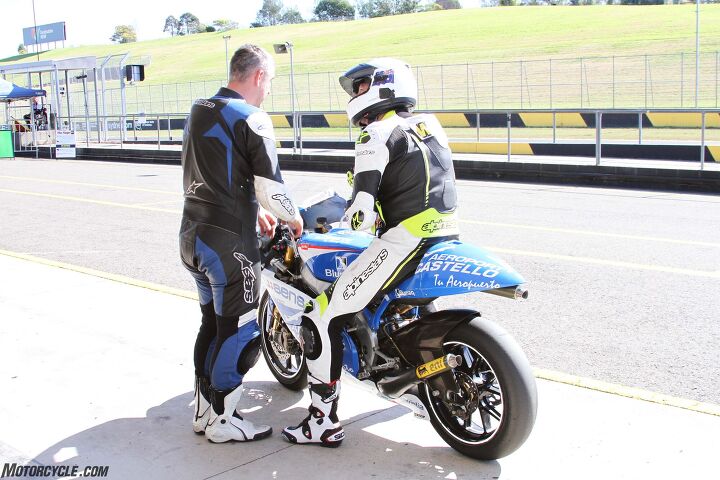 An excited yet nervous Jeff Ware chats to the owner prior to testing the bike at Eastern Creek Raceway.