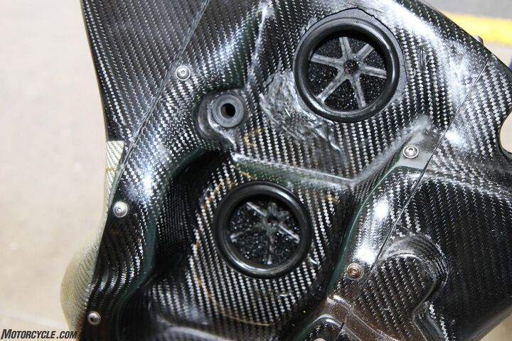 This is the inside of the airbox. It is mounted on the right-hand side of the bike and is an absolute work of art. it would want to be for ten grand.