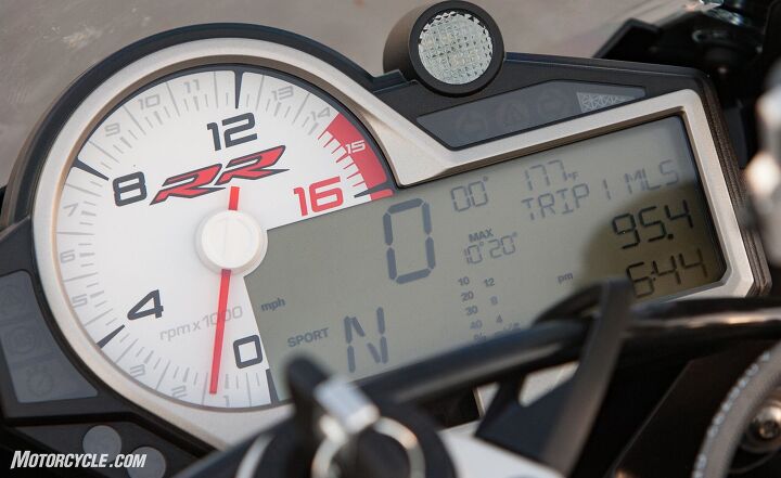 The S1000RR’s age can be seen in its gauges. The information conveyed is easily legible, but the aging cluster needs replacing if the BMW is to maintain its status as a premier European sportbike.