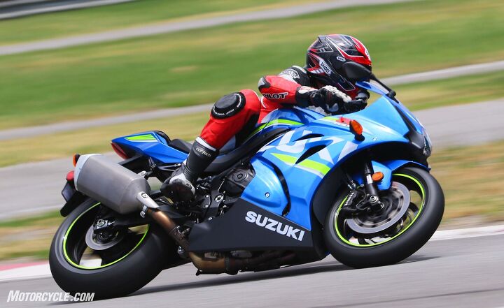 At 444 pounds fully fueled the GSX-R1000 is the third lightest bike in the shootout, and only three pounds heavier than the next lightest bike, Yamaha’s YZF-R1. However, the Suzuki feels lighter than it is both on the track and street. The Gixxer was the only bike in this test aside from the EBR that didn’t have a quickshifter, a component available on its pricier GSX-R1000R brother as standard along with auto-blipping downshifter. “Going old-school with clutchless upshifts wasn’t a big deal, but it did feel somewhat like a blast from the past,” Brasfield opines. “These are the good old days of motorcycle technology!”