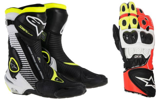 The SMX Plus Boots ($369.95), and GP Plus R Gloves ($199.95) nicely tie together the asymmetrical GP Plus suit package.