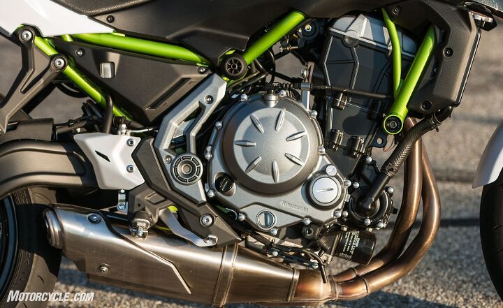 The Versys 650 took a big step forward a couple years ago when Kawasaki gave it rubber front engine mounts; in the Z, that engine’s mounted solidly.