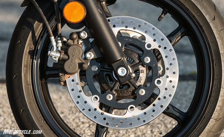 The SV does a lot with what it’s got, including two-piston front calipers riding a classic 41mm fork.