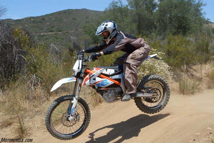 The Freeride’s WP suspension is a fine compromise for a trail/play-bike, allowing good performance within the parameters required from the bike’s reasonably low seat height. There’s 9.8 inches of travel up front; 10.2 in the rear. A 21-inch Maxxis TrialMaxx tire leads the way, while a MaxxEnduro follows.