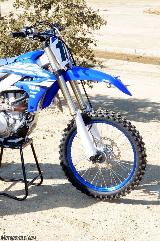 The YZ450F’s 48mm KYB SSS fork underwent some revisions for 2018. including a new mid-speed valve spring design and updated valving specs.