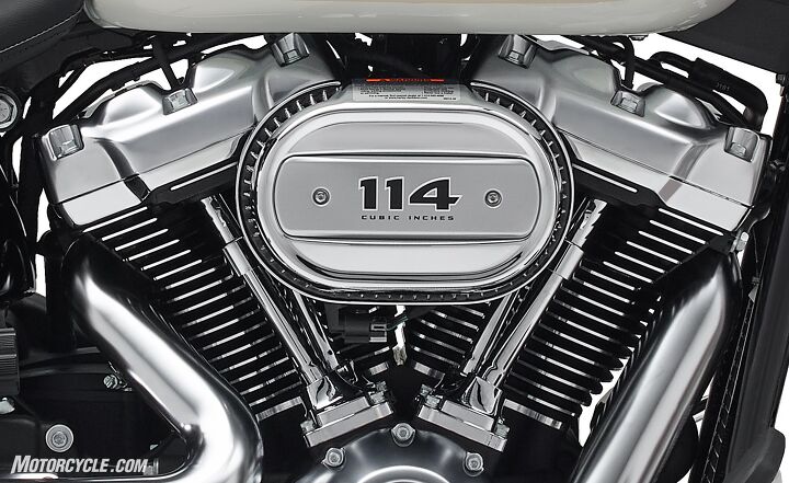 Available in the Breakout, the Fat Bob, the Fat Boy, and the Heritage Classic, the Milwaukee-Eight 114 announces its presence with the oval Ventilator Intake.