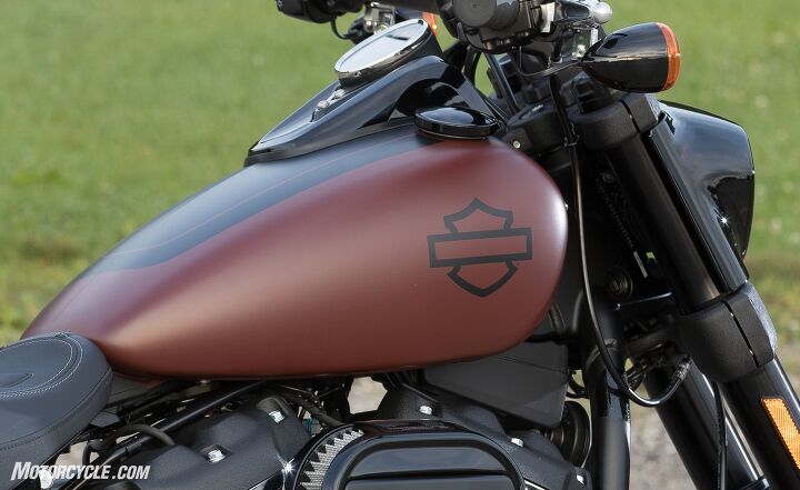 All of the Softail gas tanks were redesigned for reduced weight. The new 3.5 gallon tank (shown here) was angled in a V-shape to give a better view of the engine heads.