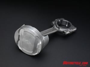 Forged-aluminum pistons sit atop fracture-split connecting rods, just like the latest sportbike motors. 