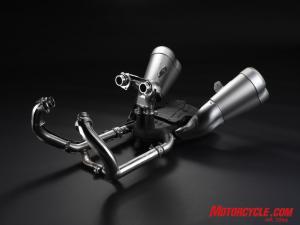 A convoluted exhaust system spits spent gasses out of titanium-skinned quad-exit mufflers. 