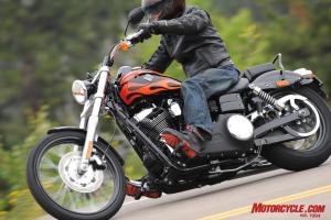 The Wide Glide's exhaust system limits cornering clearance on the right side.