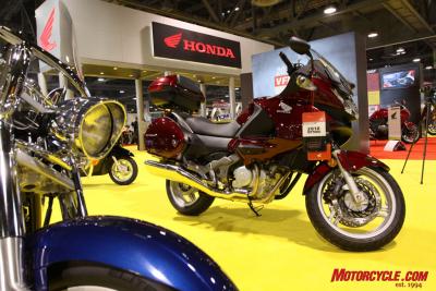 Cruisers dominated a lot of Honda real estate, but the new-to-the-U.S. lightweight sport-tourer, the NT700V, was also on display.