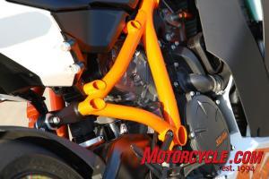 KTM’s compact LC8 V-Twin is used as a stressed member to augment the large-tube chromoly steel frame.