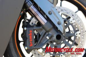 Lots of good stuff seen here, including Brembo radial-mount monoblock calipers, a high-end WP fork with anti-stiction coating, and lightweight forged-aluminum wheels.