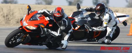 The Aprilia and KTM have similarly performing chassis, but the RSV4’s slightly more communicative front-end and ultimately stronger motor up top keeps the KTM at bay – but just barely!