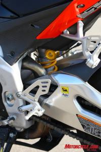 Accessing some of the adjusters on the Aprilia’s shock is downright difficult when compared to reaching to fiddle with the KTM’s WP shock.