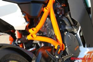 The 75-degree V-Twin in the KTM hangs as a stressed member in the trellis frame. The 1198S, like virtually all Ducatis, also uses a steel trellis frame.