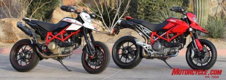 The Hypermotard 1100 EVO comes in two trim levels. On the left is the high-end SP version fitted with the accessory Termignoni exhaust system.