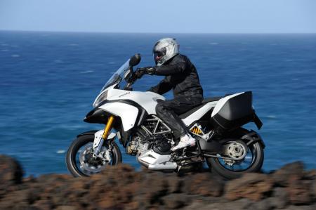 The S version of the Multistrada can be identified by its gold-colored fork legs that indicate the Ohlins electronic suspension.