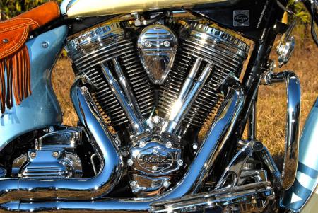 “Bottle cap” rocker covers and lots of shine distinguish this American V-Twin, which Indian’s engineers assert is as beautiful on the inside as it is on the outside.