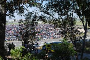 The circuit's parking lot was filled with thousands of motorcycles.