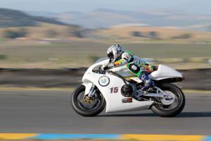 Mike Hannas streaks along in his TZ250-chassied electric racer.