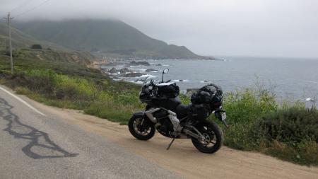 Loaded with enough weight to feel like a passenger was on board, we cranked rear spring preload up high, and the bike worked predictably while twisting up the fine ribbon of asphalt along the way to Big Sur, Monterey and beyond. 