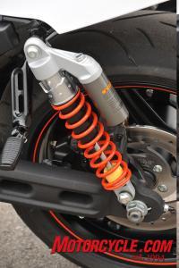 New fully adjustable Showa coil-over shocks offer easy access to compression damping via the simple dial atop the piggyback nitrogen reservoir. Rebound adjuster is at the shocks’ mount point.