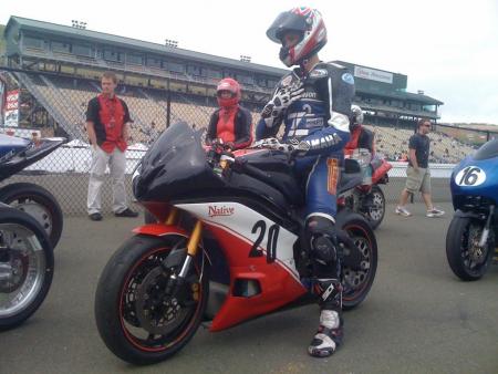 Jason Lauritzen prepares to race the TTXGP at Infineon. The team showed up a bit late, having put the bike together in haste. It finished 6th despite having to pit during the 11-lap race. (Photo courtesy of Native Cycles.)