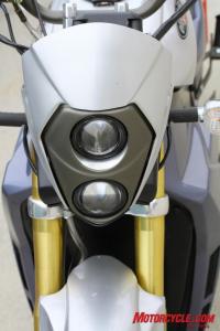 A bikini fairing and stacked lights accent well against the anodized inverted fork.