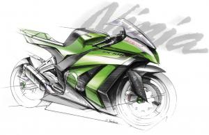 This design concept sketch shows the general styling theme of the 2011 ZX-10R, but the race version (based upon the production bike) seen at Suzuka deviates significantly from the sketch, especially the shape and design of the side fairing panels. 