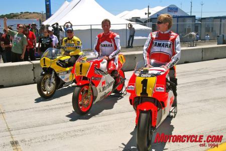 Racing legends of the past. Three former GP champions, Kenny Roberts (left), Eddie Lawson (middle) and Wayne Rainey (right), sat aboard their championship-winning machines. All three riders won 500cc world titles on Yamahas. 