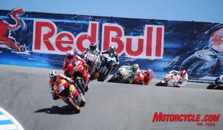 MotoGP riders battle it out through the famous Corkscrew at Mazda Raceway Laguna Seca during the 2010 edition of the Red Bull U.S. Grand Prix near Monterey, California. 