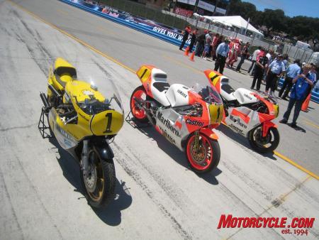 Eddie Lawson’s old 500cc GP machine is bookended by Kenny Roberts’ (left) and Wayne Rainey’s (right).