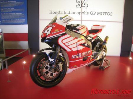 The paint scheme of American Honda’s Moto2 entry was designed by Aldo Drudi, a longtime associate with Valentino Rossi, and it incorporates Honda’s wing logo and elements of the American flag.