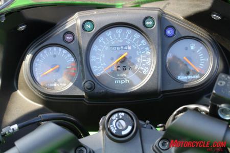 Instruments are basic and clearly visible day or night. The fuel gauge moves very slowly. After one 105-mile flog session of mixed highway and canyon riding, it indicated a little less than half a tank remaining.