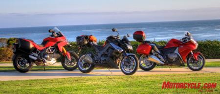 A Ducati Multistrada S, Kawasaki Z1000 and Honda VFR1200F. Is any one the definition of a sport-touring motorcycle?