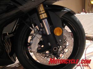 Yep, that’s Italian Brembo calipers on a Japanese bike. The Showa Big Piston Fork is also new for 2011.