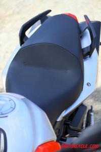 A narrower saddle joins lower handlebars and footpegs moved rearward as refinements to rider ergos on the latest Shiver. A flyscreen is now also standard.