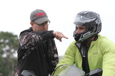 Lee Parks explains to me something I did wrong in one of the many parking lot exercises we did. That happened a lot. I tried not to argue too much, and just played grasshopper and let sensei teach me the way to motorcycling enlightenment.