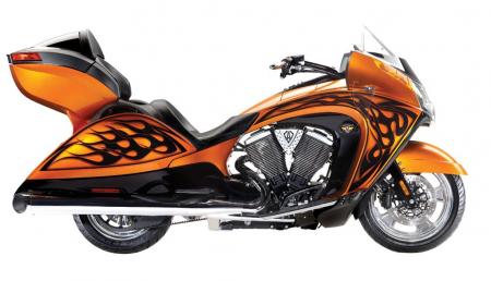 Arlen Ness and family continue in 2012 to add their unique styling influences to three of Victory’s bikes. Here is the Arlen Ness Victory Vision in Nuclear Sunset with custom Ness flamed graphics. Ness’ son, Cory, put his touch on the Cory Ness Cross Country, while Cory’s son, Zach, styled the Zach Ness Vegas 8-Ball. 