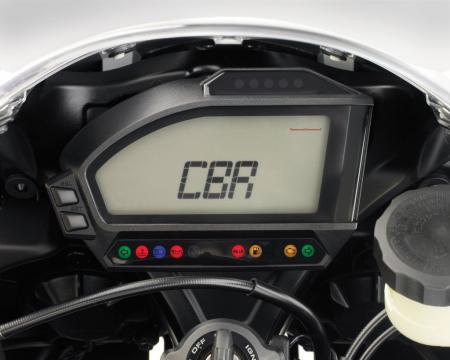 The CBR’s instrumentation is upgraded for 2012, now including a lap timer and a five-level shift indicator, as well as a miles-till-empty function.